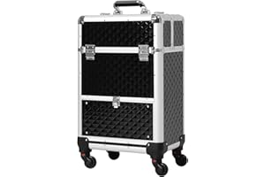 HOMCOM Rolling Aluminum Makeup Train Case, Portable Professional Cosmetic Makeup Case with 4 Wheels, Lock and Keys, Black