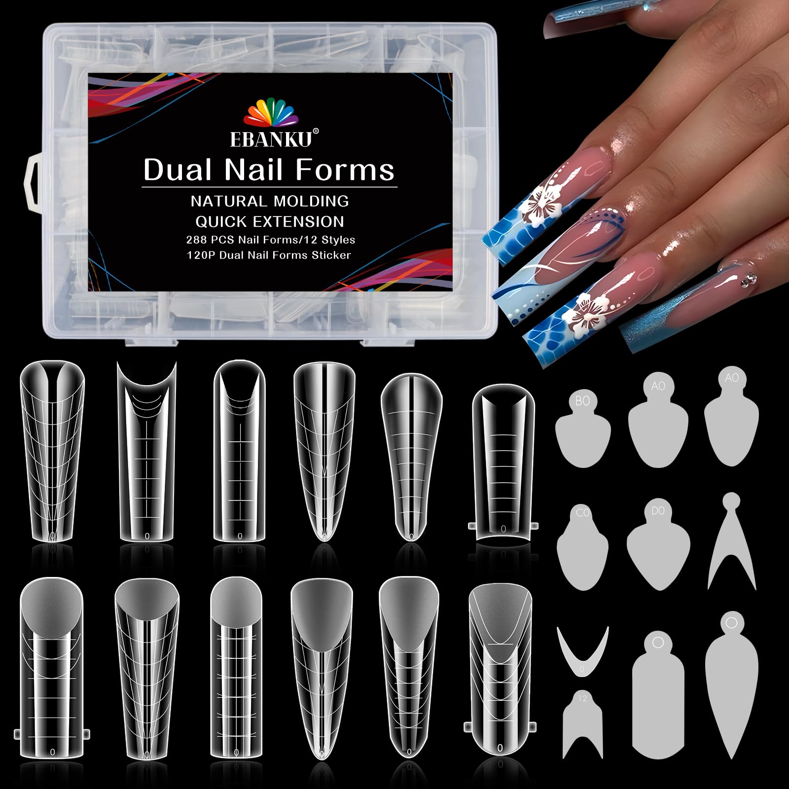 EBANKU 288PCS Clear Dual Nail Forms System Full Cover Nail Mold Tips Acrylic Nail Extension with 120PCS Nail Forms Stickers for Nail Art Salon Nails Design(12 Styles)