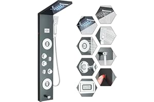 FUZMONOERE FUZ Shower Panel Tower System, Stainless Steel 6 Functions Shower Panel System with LED Fancy Rain Shower Head and Handheld, Adujstable Rain Massage Body Jets and Tub Spout, Matte Black Shower Tower
