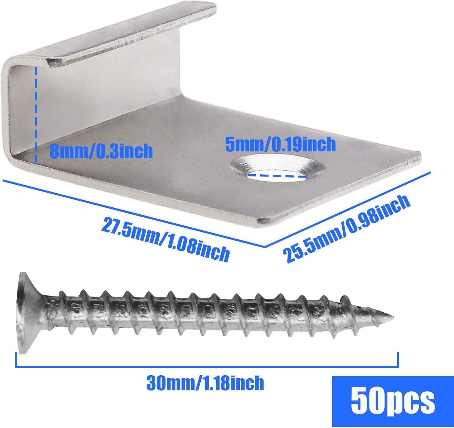 50Pcs Decking Hidden Starter Fastener Board Clip, with Self-Tapping Screw Stainless Steel DIY Hardware, Silver - Image 3