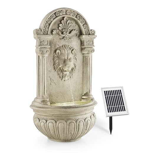 blumfeldt Löwenstein • Wandbrunnen • Gartenbrunnen • Zierbrunnen • Deko-Brunnen • Solarpanel • Akku: 2000 mAh • antik • Löwenkopf • LED-Beleuchtung • Dämmerungssensor • Naturstein-Optik • grau