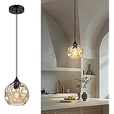 Emliviar 7 Inch Adjustable Mini Chandelier, Round Ceiling Pendant Lighting Fixture with Hammered Glass, Amber Finish, DYE287G