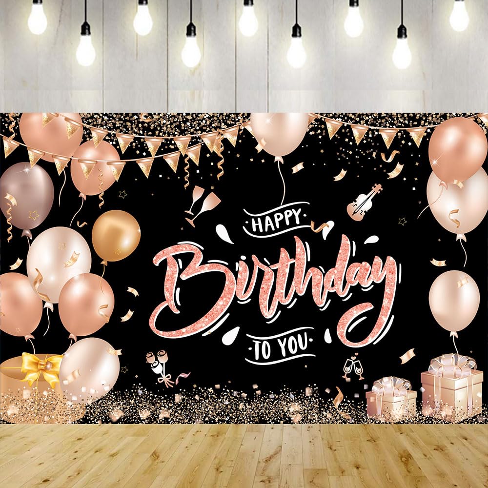 GRESATEK Rose Gold Birthday Banner Set - Party Decoration with Extra Large Background for Women & Girls
