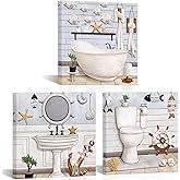 WELMECO Bathroom Decor Wall Art Nautical Ocean Themed Painting Pictures Bathroom Wall Art Framed Artwork 12x12inchx3pcs (White)