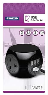 Status 3 Way Cube Socket with 3 USB Ports Black 1.4m Lead Power Block Home view 3