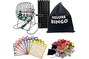 SUTIMSHE Deluxe Bingo Game Set-Includes Metal Cage with Big Bag,1000 Mixed Color Plastic Chips,100 Large Cards,75 Bingo Balls,Plastic Masterboard, 2 Velvet Bag,Ideal for Large Group and Parties