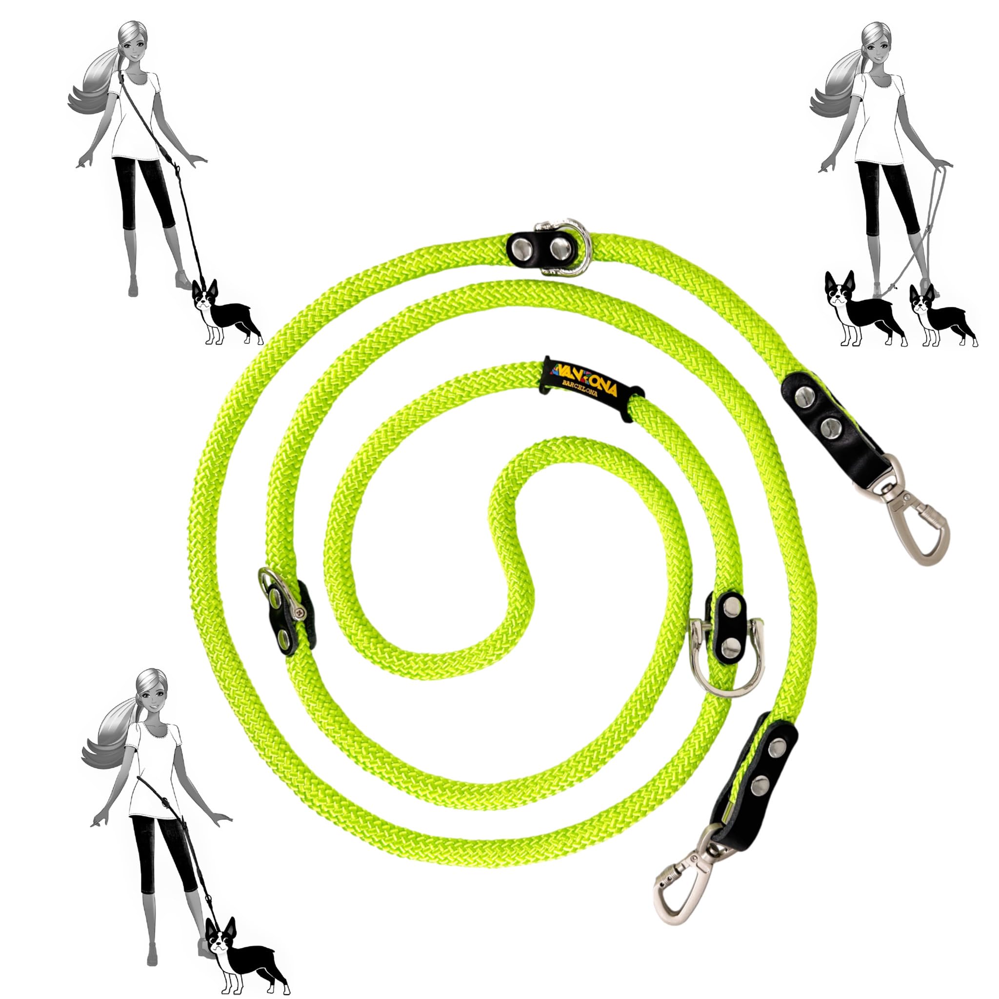 Hands Free Dog Lead. Double Ended, MultiFunction, Multiposition, for 2 Dogs, Small Medium Large. Rope and Leather, Made in Spain. Green Fluor & Black.