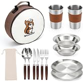 WECURATED Camping Mess Kit, Stainless Steel Stylish Set | Bowls Plates Cups Forks Spoons and Knives, Camping Dishes Cutlery Set, For Backpacking Outdoor Hiking and Picnic