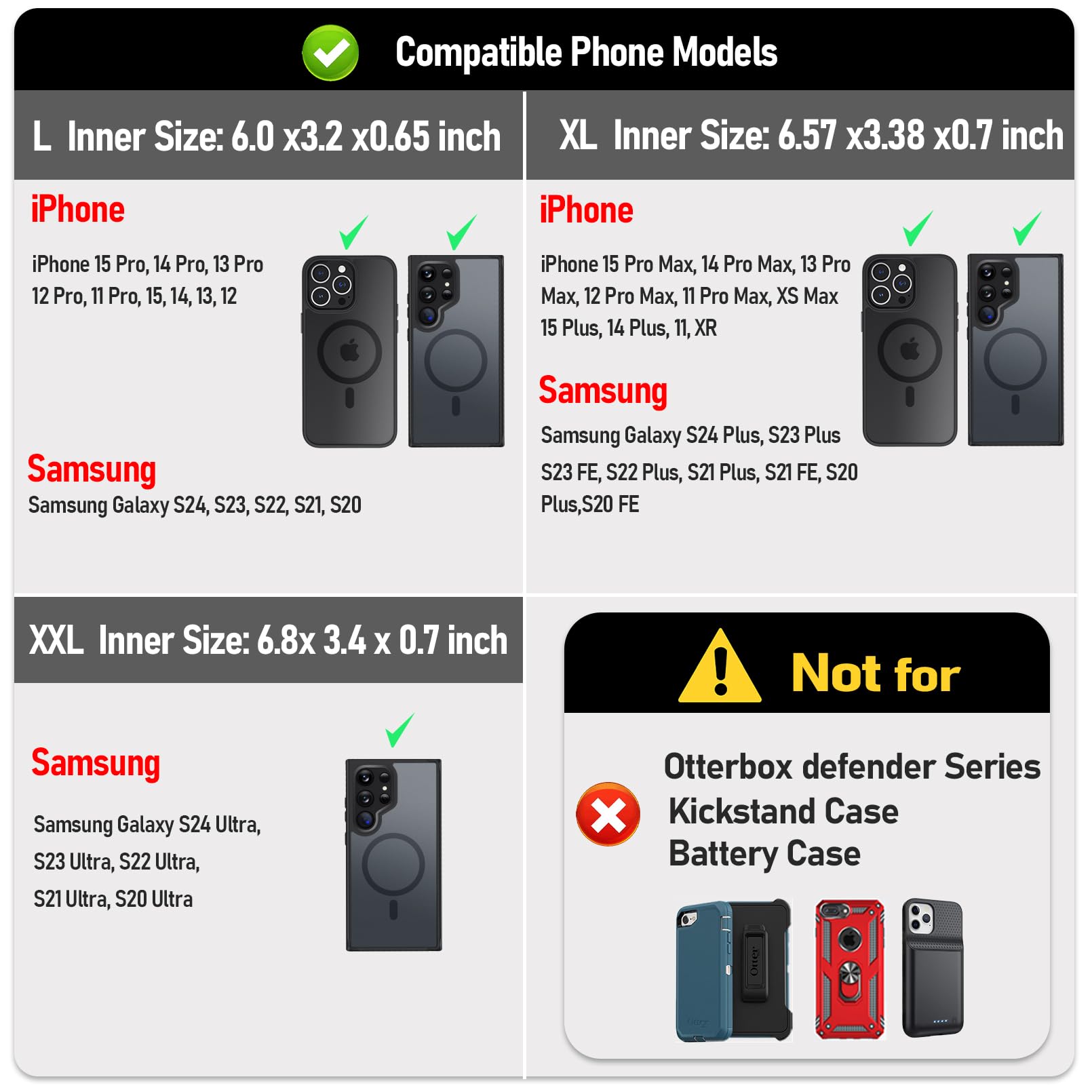 ykooe Genuine Leather Phone Holster Compatible with iPhone 16/15/14/13/12 Pro Max & Plus Models, Galaxy S24/S23/S21 FE -Belt Clip and Magnetic Closure, Black, XL