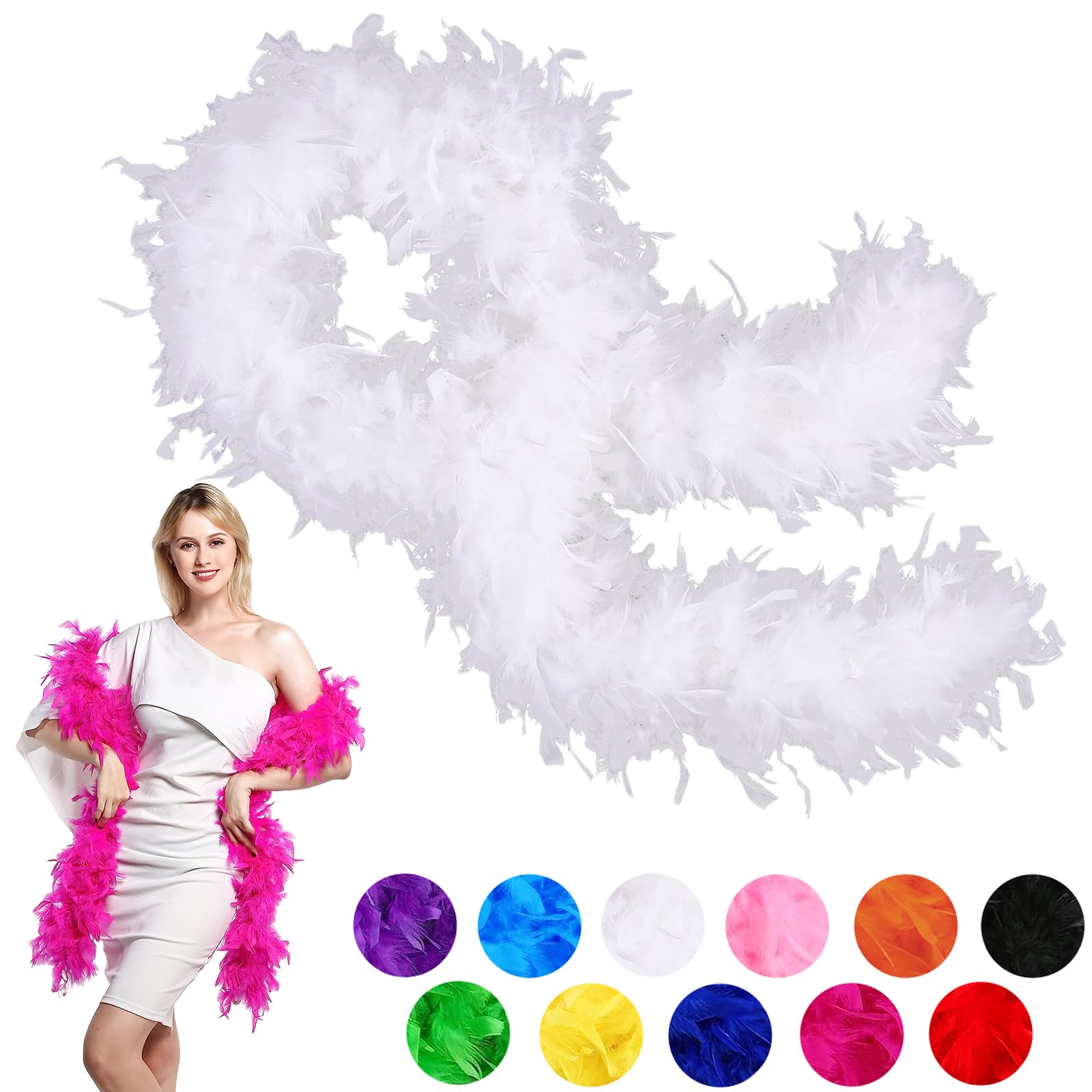 80g White Feather Boa Thick Fancy Dress for Adults,Kids,2m/6.6ft Natural Turkey Feather Boa White,Party Fluffy Boa Feather Scarffor Bulk for Women,Girls,Wedding Bachelor Halloween Christmas Party