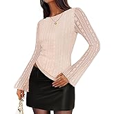ZESICA Womens 2026 Spring Summer Lace Mesh Sleeve Tops Going Out Double Lined Slim Fit Asymmetrical Shirts Date Night Outfit