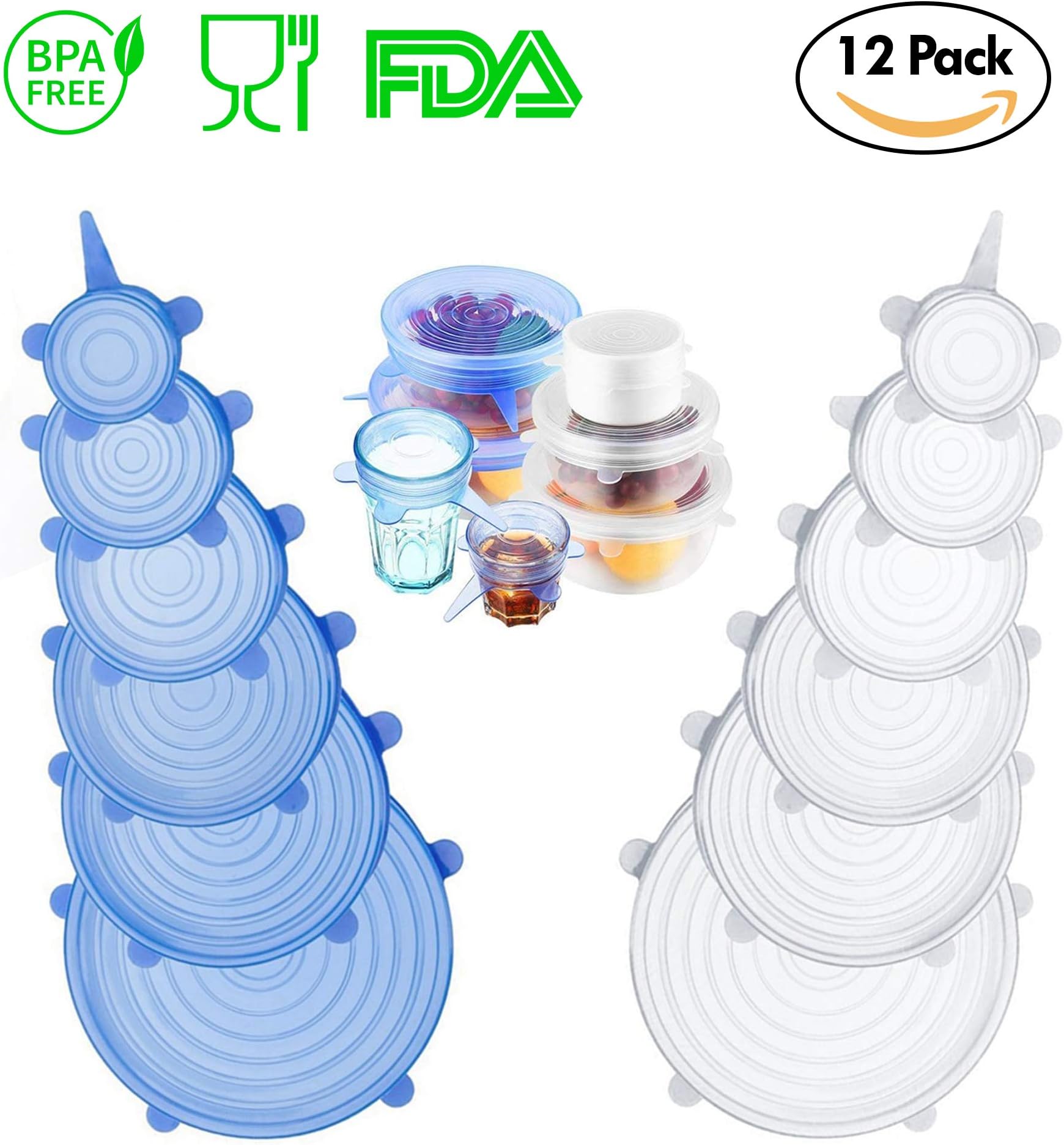 Silicone Stretch lids - 12pcs Durable Stretch Food Bowl Covers - BPA Free - Fresh Lock Lids - Food Container Stretch Lids - Food Storage Lids - Microwave Covers - Stretch lids - Food Covers