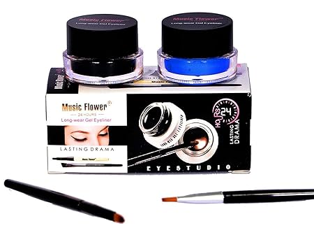 kasturi's collection Music Flower Long Wear Gel Eyeliner Smudge Proof & Waterproof (Black And Blue) With 2 Expert Eyeliner Brushes