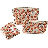 HAPPYHEIDI Makeup Bag Set 3 Cosmetic Toiletry Organizer Zipper Pouch for Purse Tote, Women Girls Gift, Large Medium Small, Beige Orange Floral Corduroy