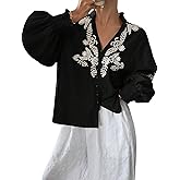 Women's Embroidered Puff Sleeve Blouse, Vintage Floral Boho V-Neck Button Down Shirts with Smocked Cuffs