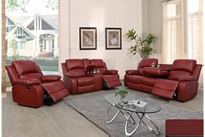 A Ainehome Living Room Furniture Set Leather Recliner Sofa Set Loveseat Chair Furniture Sofa Set for Living Room/Small Space/Rv/House/Office/Theater Seating (A-Red Leather, 3 Piece Set)