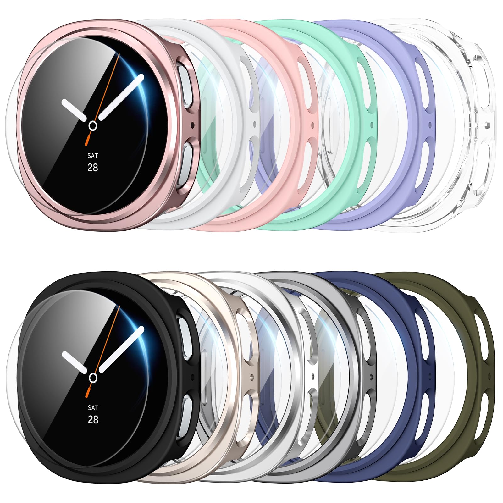 XINGHAO [12+12] Pack for Samsung Galaxy Watch 8 Screen Protector Case 40mm, Hard PC Bumper + Anti-Fog HD Tempered Glass Film, Waterproof Protective Face Cover Set for Galaxy Watch 8 40mm(12 Colors)