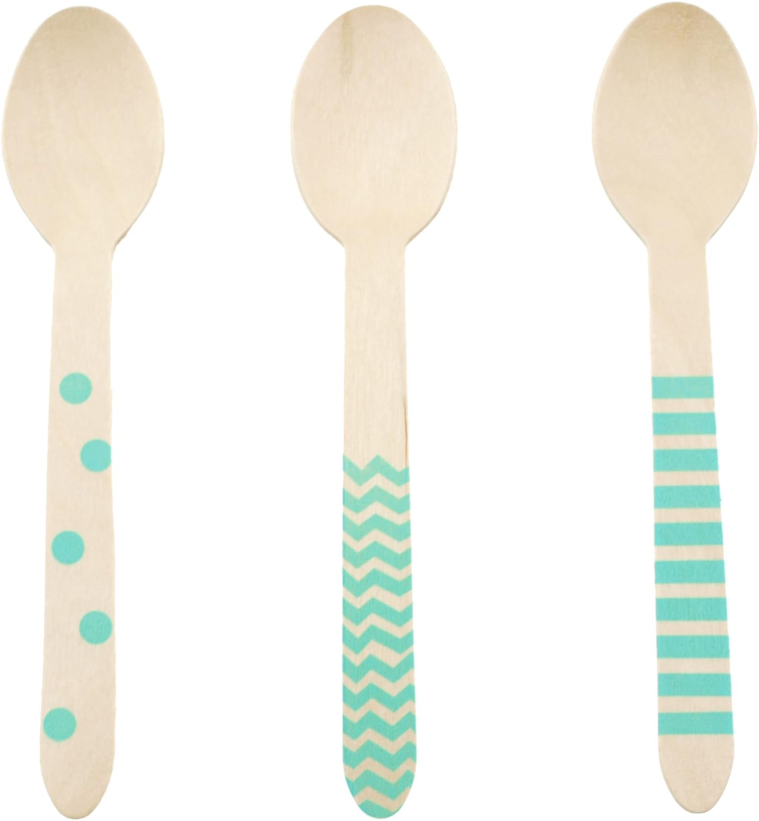 Wooden Spoon Set, Silverware (Aqua Blue Green 18 Count Wooden Spoons) - Stripe, Chevron & Polka Dot Serving Spoons, Birthday Party Supplies, Plastic Utensils Alternative