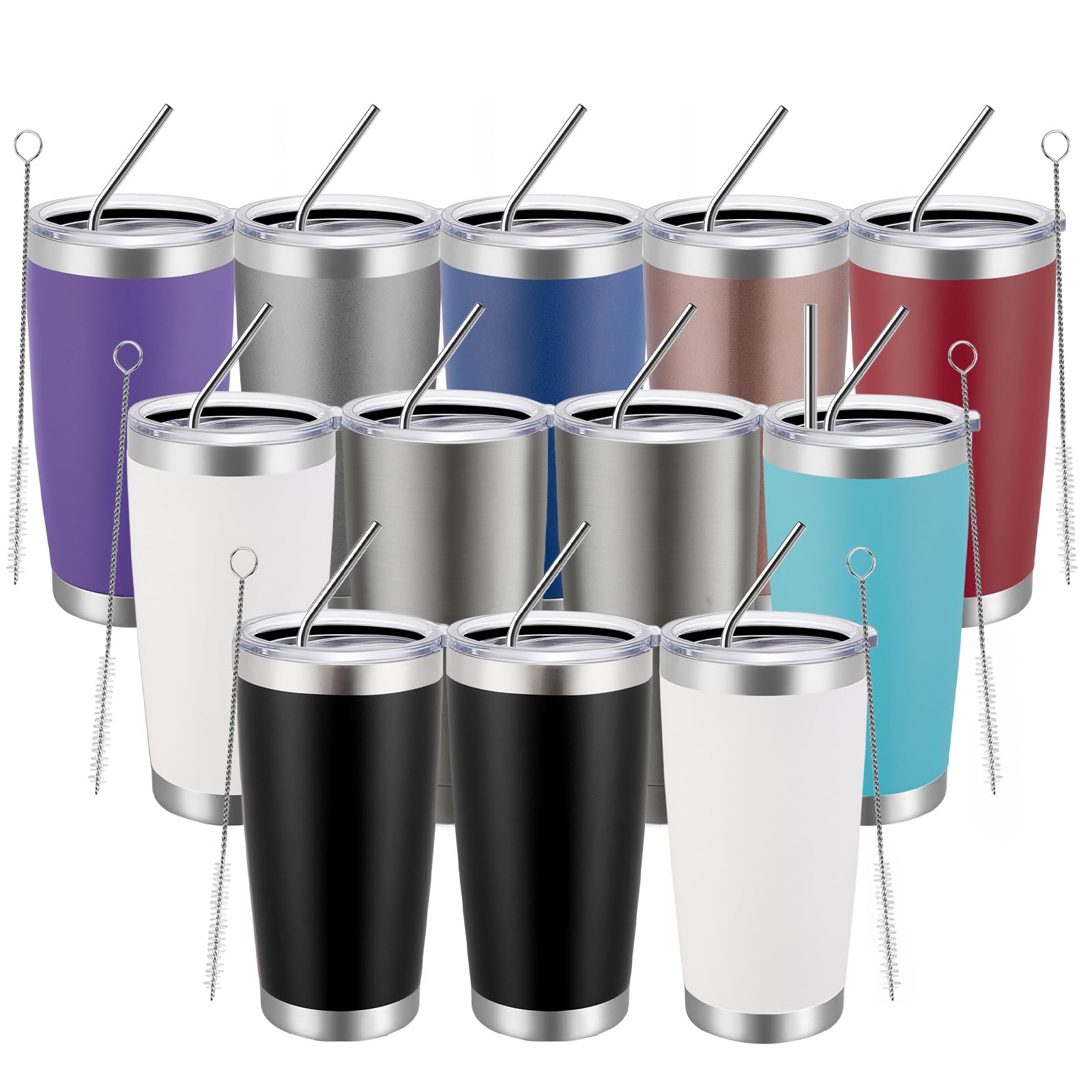MEWAY 20oz Tumbler 12 Pack Double Wall Vacuum Insulated Travel Mug Bulk, Mix Color Stainless Steel Tumblers with Lid and Straw, Durable Powder Coated Coffee Cups for Cold & Hot Drinks（Color Mix, 12 Image