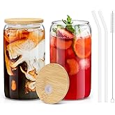 sungwoo 2PCS Glass Cups with Bamboo Lids and Straws, 16OZ Ice Coffee Cup, Drinking Cup set with Wooden Lids, Home Essential Glass Tumblers for Beer, Cocktail, Tea and Latte Clear
