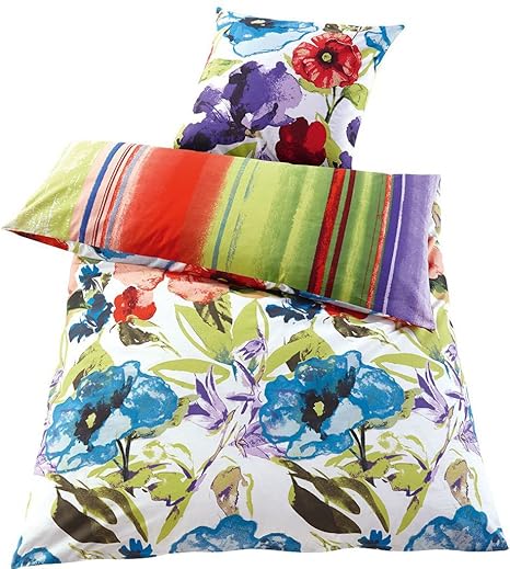 MERADISO® Renforcé Wendebettwäsche, 100% Baumwolle (135 x 200 cm, weiß / große Mohnblumen)