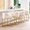 ClinQ 26" H Counter Height Bar Stools Set of 4, Modern Barrel Counter Stools with Backrest and Arms, Gold Metal Frames,Fabric Upholstered Accent Barstools for Kitchen Island, Beige Linen
