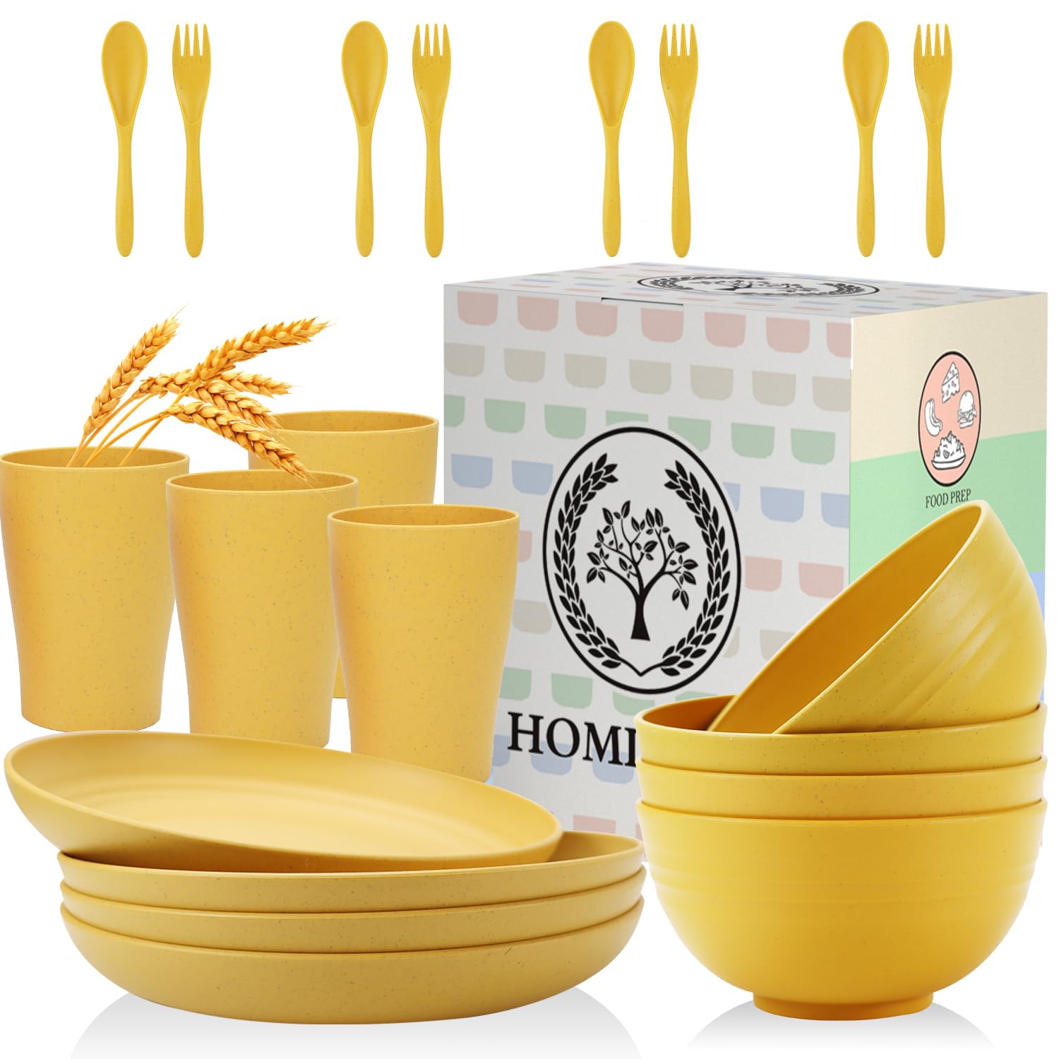Photo 1 of Homienly Wheat Straw Dinnerware Sets, 20pcs Unbreakable Microwave Dishwasher Safe Tableware Lightweight Bowls, Cups, Plates Set Reusable Dinner Plates Bowls set (Yellow)