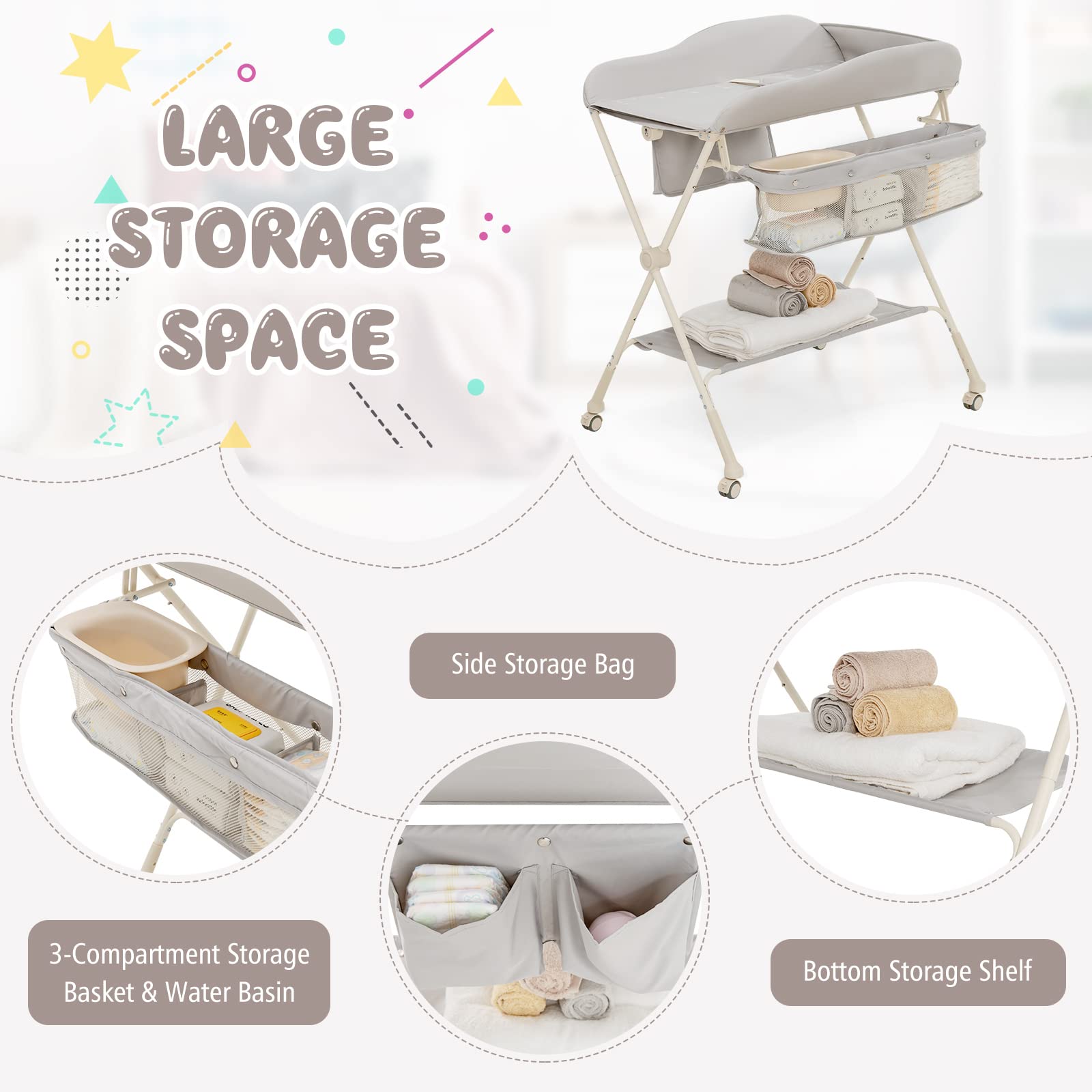 BABY JOY Portable Baby Changing Table, Foldable Diaper Changing Station w/Wheels, Adjustable Height, Large Storage Rack, Water Basin, Safety Belt, Mobile Nursery Organizer for Newborn Infant (Gray)