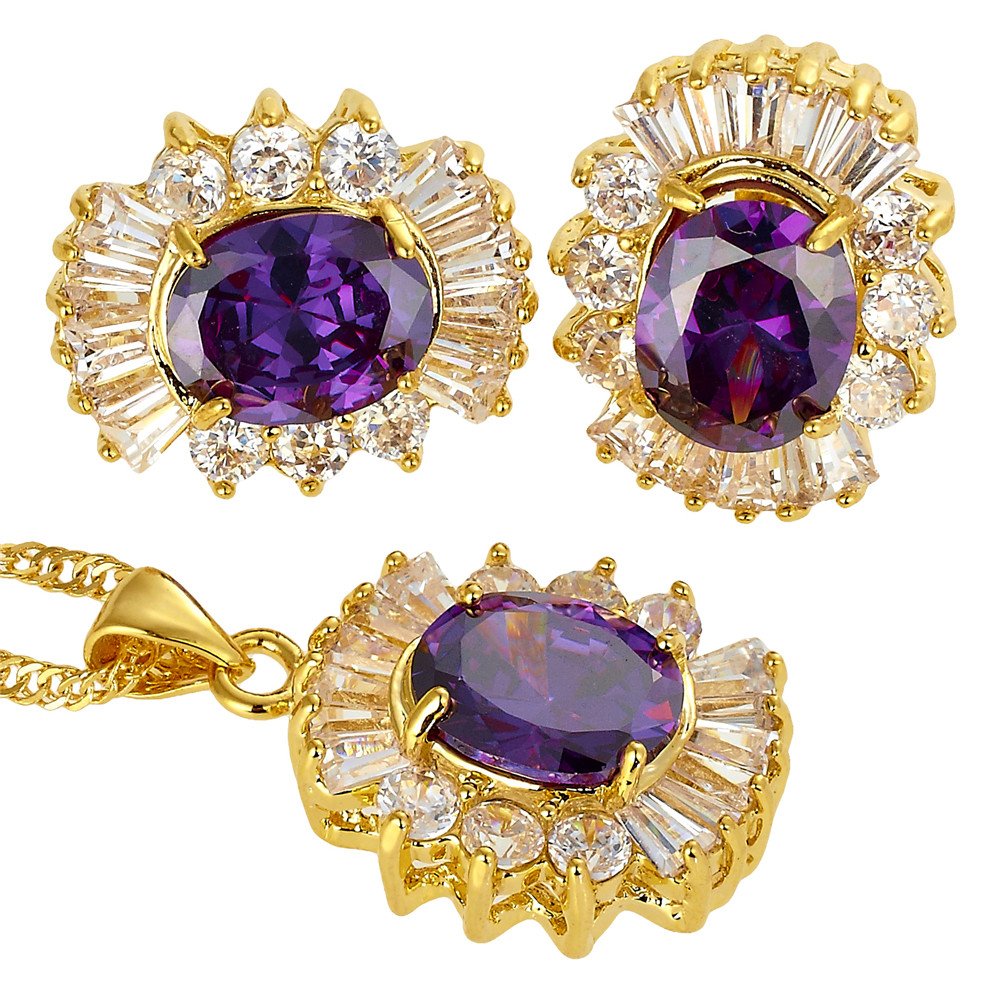 RIZILIA Jewellery Set Pendant with 45cm(18") Chain & Stud Earrings Oval Cut Gemstones CZ [Purple Amethyst] in 18K Yellow Gold Plated, Simple Modern Elegance