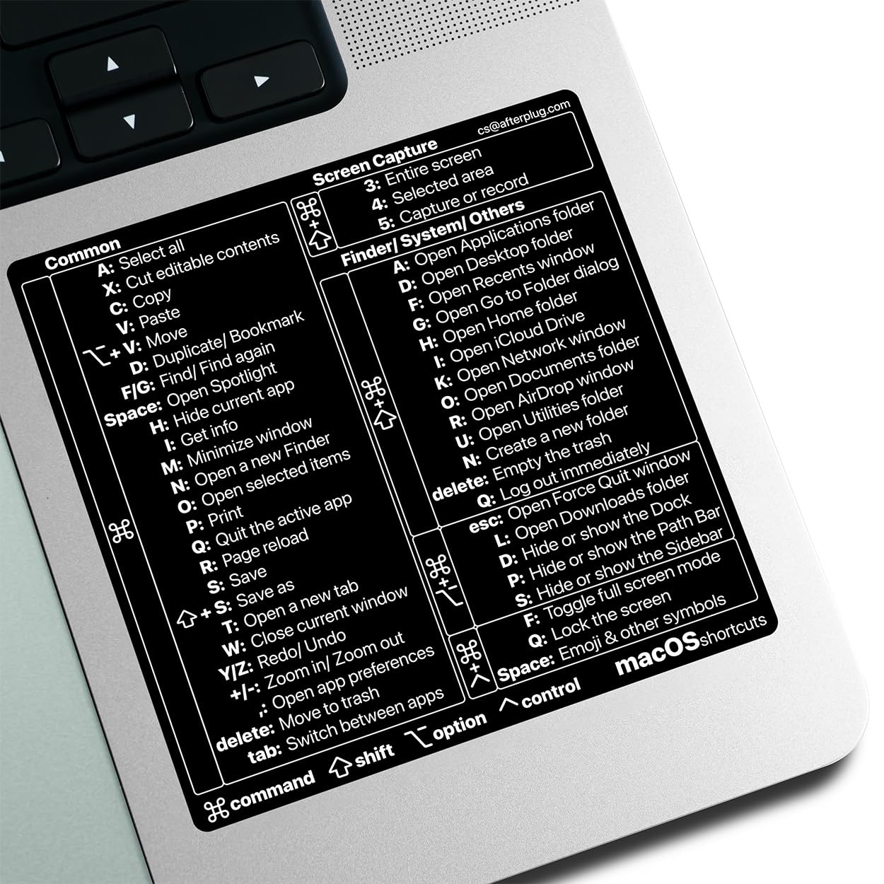Afterplug Mac OS Shortcuts Sticker, 50+ Keyboard Shortcuts for 13-16 inch MacBook Pro & Air, Residue-Free Vinyl, Black, 2-Pack