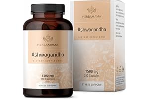 HERBAMAMA Ashwagandha Capsules - Stress Support, Deep Sleep, Focus & Natural Energy Supplements - Organic Withania Somnifera Root for Thyroid & Adrenal Support - 1500mg Non-GMO, Vegan 250 Caps