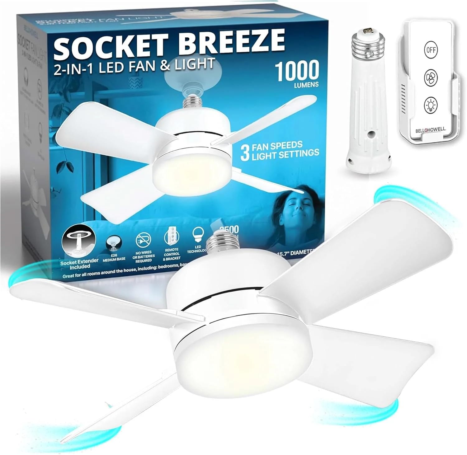 Bell+Howell Socket Breeze Modern Ceiling Fans with LED Lights, 10