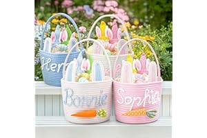 XGSiNuoBao Personalized Easter Basket with Name, Custom Bunny Easter Egg Hunt Buckets Basket Cotton Rope Tote Storage Organiz