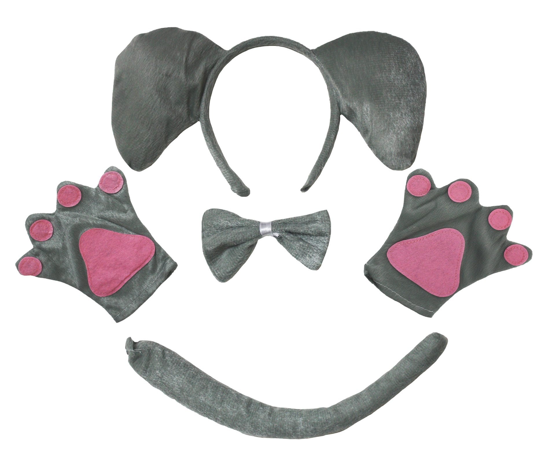 Petitebelle Elephant Headband Bowtie Tail Glove 4pc Children Costume 1-10y (Grey, 1-5 Years)