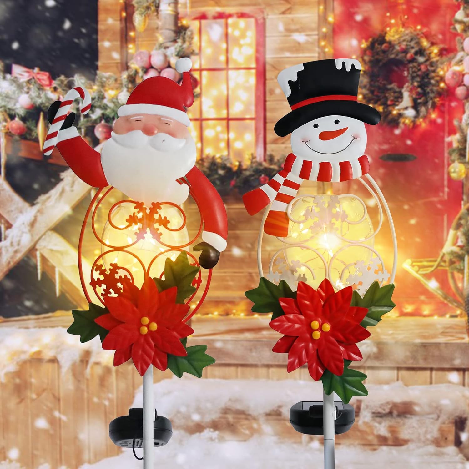 Decorative Garden Stakes - MUMTOP 2 Pack Solar Christmas Decoration Yard Stake, Solar Powered Outdoor Santa Snowman Lights, Light Up Poinsettia Yard Sign for Holiday Garden Grave Cemetery Ornaments