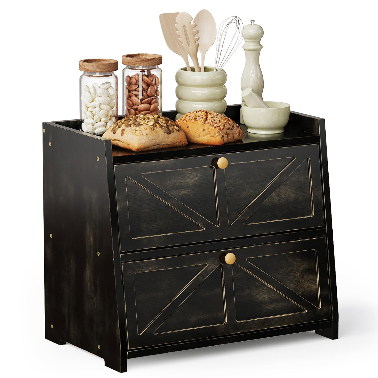 Photo 1 of Trironsun Vintage Double Layer Bread Box for Kitchen Counter Bamboo Bread Storage Container Large Capacity Bread Storage Bin (Antique Black)