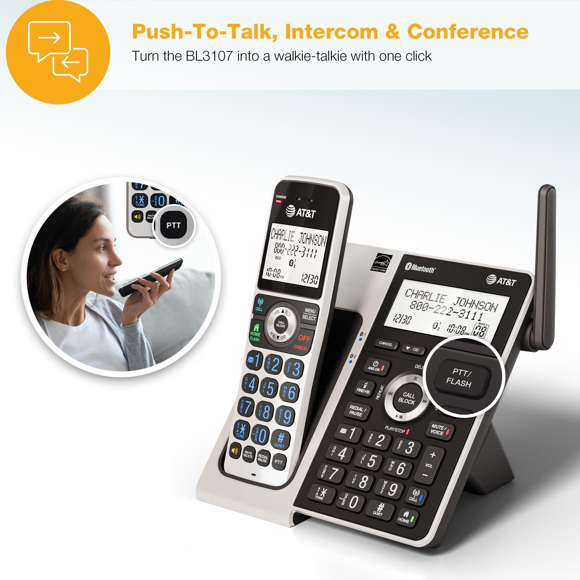 AT&T BL3107-3 3-Handset DECT 6.0 Cordless Home Phone with Bluetooth, Answering System, Smart Call Blocker, Extended Range, 2