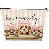 LRWHDFW Coquette Pink Bow Cavapoo Makeup Bag Gifts for Women, Preppy Cavapoo Cosmetic Bag, Girly Cute Dog Pink Striped Zipper Makeup Pouch Travel Toiletry Bag