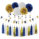 Navy Blue White Gold Party Decoration 23pcs Kits-Paper Flowers,Banner Flags,Circle Banner,Tassel Garland Birthday Bachelorette Boy Baby Shower Gender Reveal Graduation Decorations Lasting Surprise