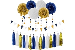 Navy Blue White Gold Party Decoration 23pcs Kits-Paper Flowers,Banner Flags,Circle Banner,Tassel Garland Birthday Bachelorette Boy Baby Shower Gender Reveal Graduation Decorations Lasting Surprise