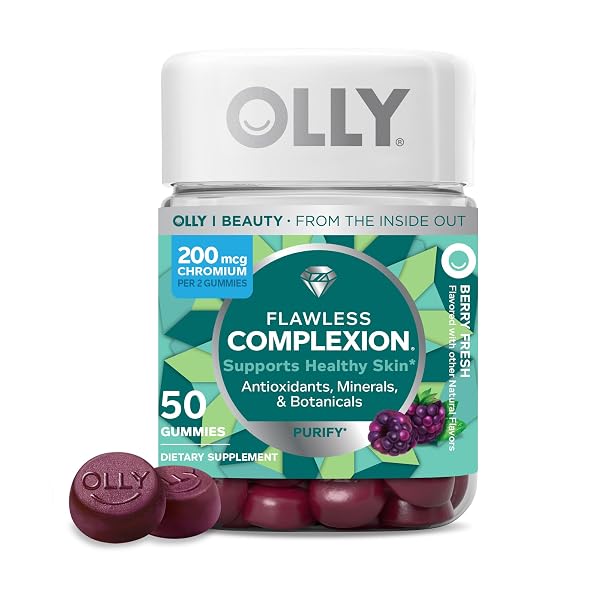 OLLY FLAWLESS COMPLEXION GUMMY, CLEAR AND HEALTHY SKIN SUPPORT, VITAMINS E, A, ZINC, CHEWABLE SUPPLEMENT, BERRY – 50 COUNT (PACK OF 1)