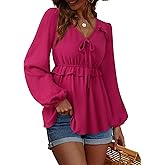 Vivilli Women's Blouses Dressy Casual Ruffle V Neck Tops Ruched Waist Lantern Long Sleeve Shirts Fall Outfits