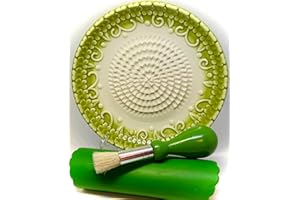 BonCera, All-in-one Premium Ceramic Garlic Grater Plate 4-Piece Set - Green Embossed Design and Style - For Garlic, Ginger, C