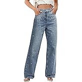Womens Rhinestone Jeans High Waist Sright Leg Y2K Denim Pants Vintage Wash Trousers Streetwear