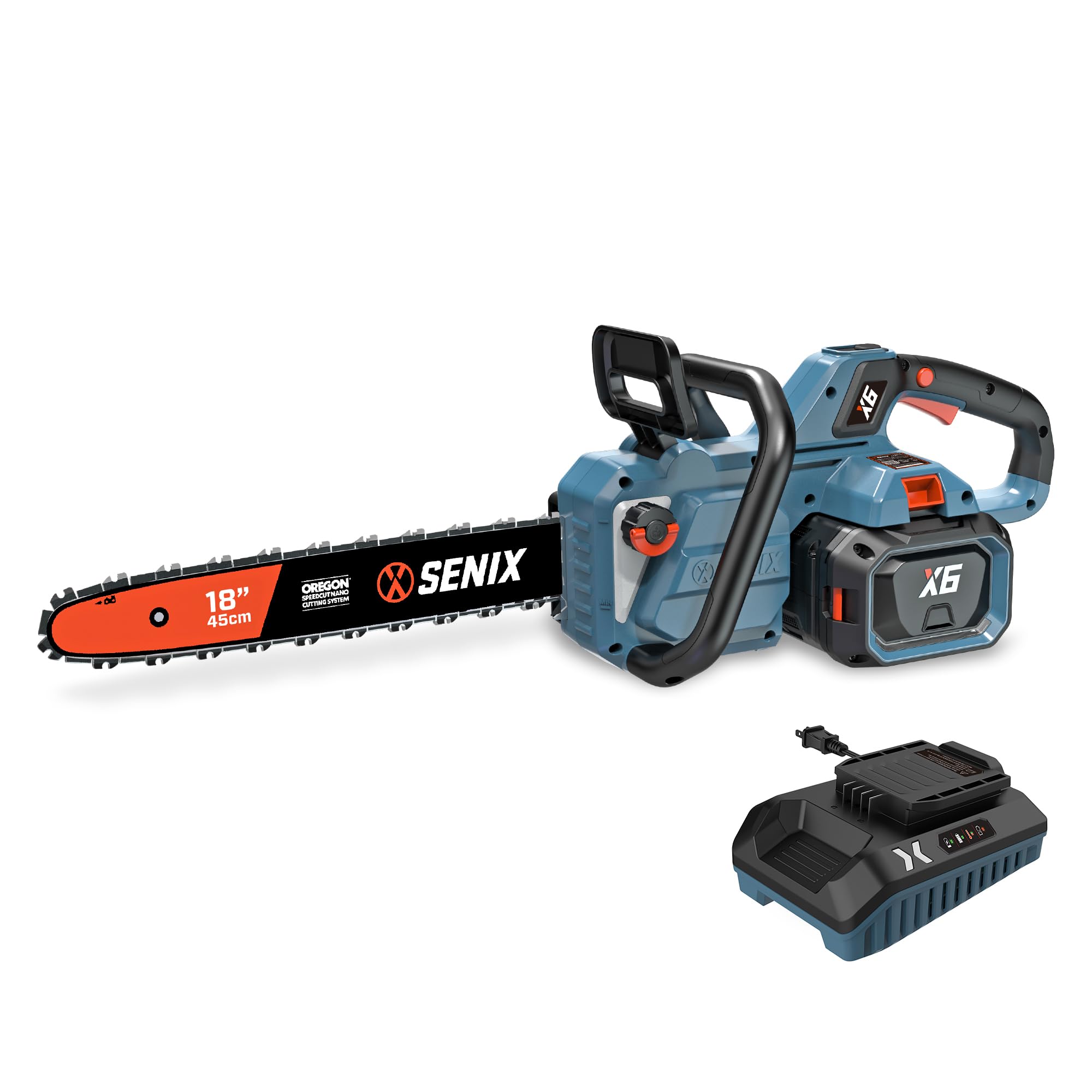 Photo 1 of SENIX Chainsaw|60V 18" Battery Chainsaw|Brushless Electric Chainsaws|Cordless Chain Saw with 4Ah Battery & Charger|Garden Tool for Trees, Pruning, Branch Trimming, Best Gifts for Man, CSX6-M1