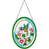 VinSees Hummingbird Stained Glass Window Hangings,Suncatcher for Window, Hummingbird and Flowers Hanging Ornament, Stained Glass Panel Home Decorations for Indoor Outdoor