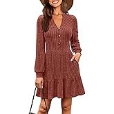 Kranda Women 2026 Spring Long Sleeve Button V Neck Casual Knit Ribbed Winter Sweater Short Mini Dresses with Pockets