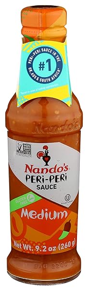 NANDOS PERI PERI MEDIUM SAUCE – SPICY SAUCES, SEASONING OR MARINADE FOR WINGS, FISH, MEAT, RICE OR VEG – NO ARTIFICIAL COLORS, FLAVORS, NON-GMO, NO MSG, GLUTEN FREE, VEGETARIAN – 9.2 OZ MEDIUM