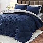 MUXHOMO 7 Pieces King Comforter Set, Reversible Bed in a Bag King Size, All Season Bedding Set with Comforter, Flat Sheet, Fitted Sheet, Pillowcases & Shams, Navy & Light Grey