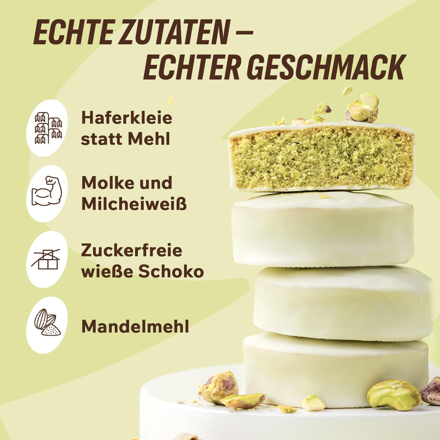 FitnesSHOCK Protein Brownie Snack ohne Zusatz von Zucker, Kekse mit 15% Eiweiß, Weiße Schokolade, sättigende Ballaststoffe, low carb, weiche Konsistenz, 10 Stück х 50g - Pistazien Geschmack 4